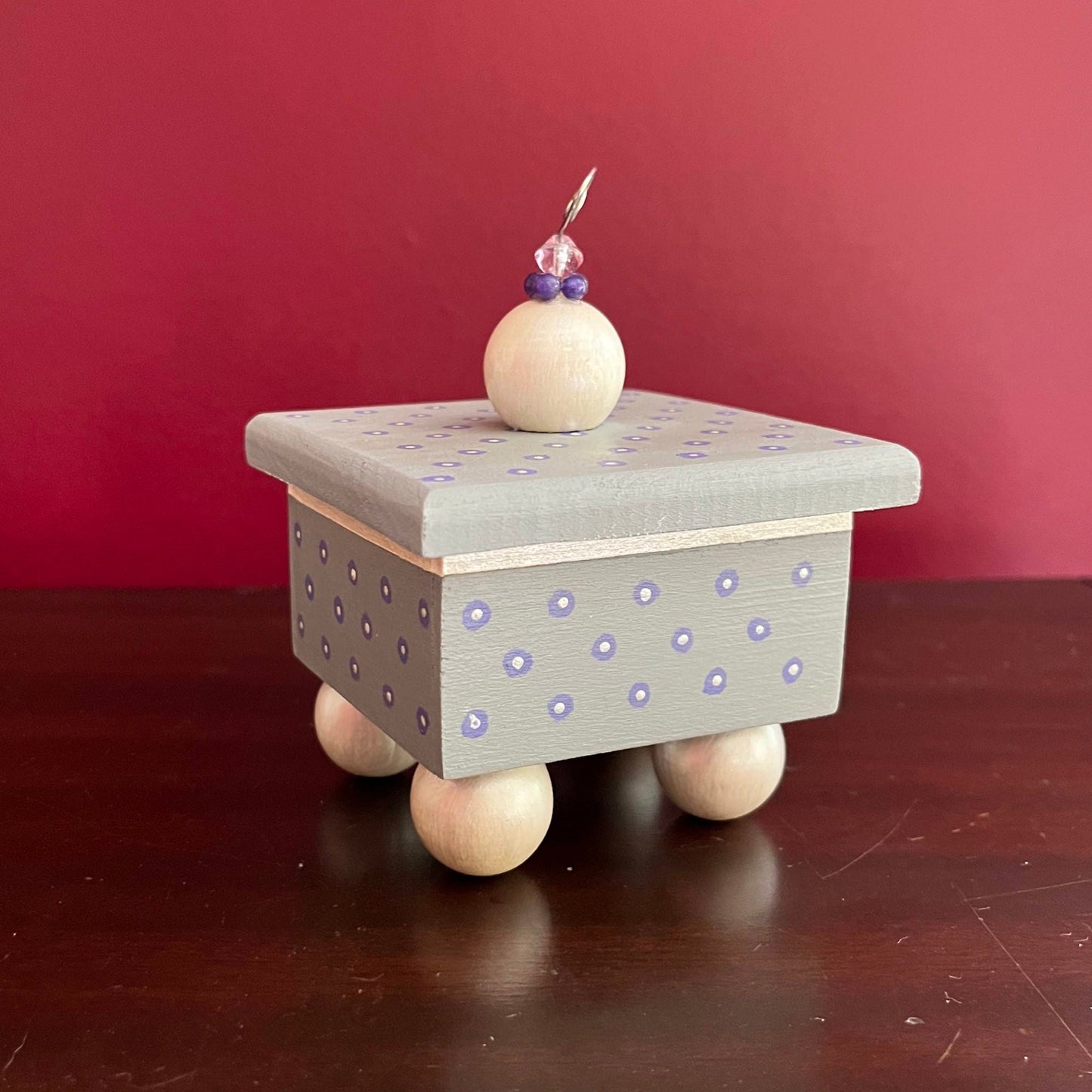 Chantilly decorative handmade wooden box with purple dot details.