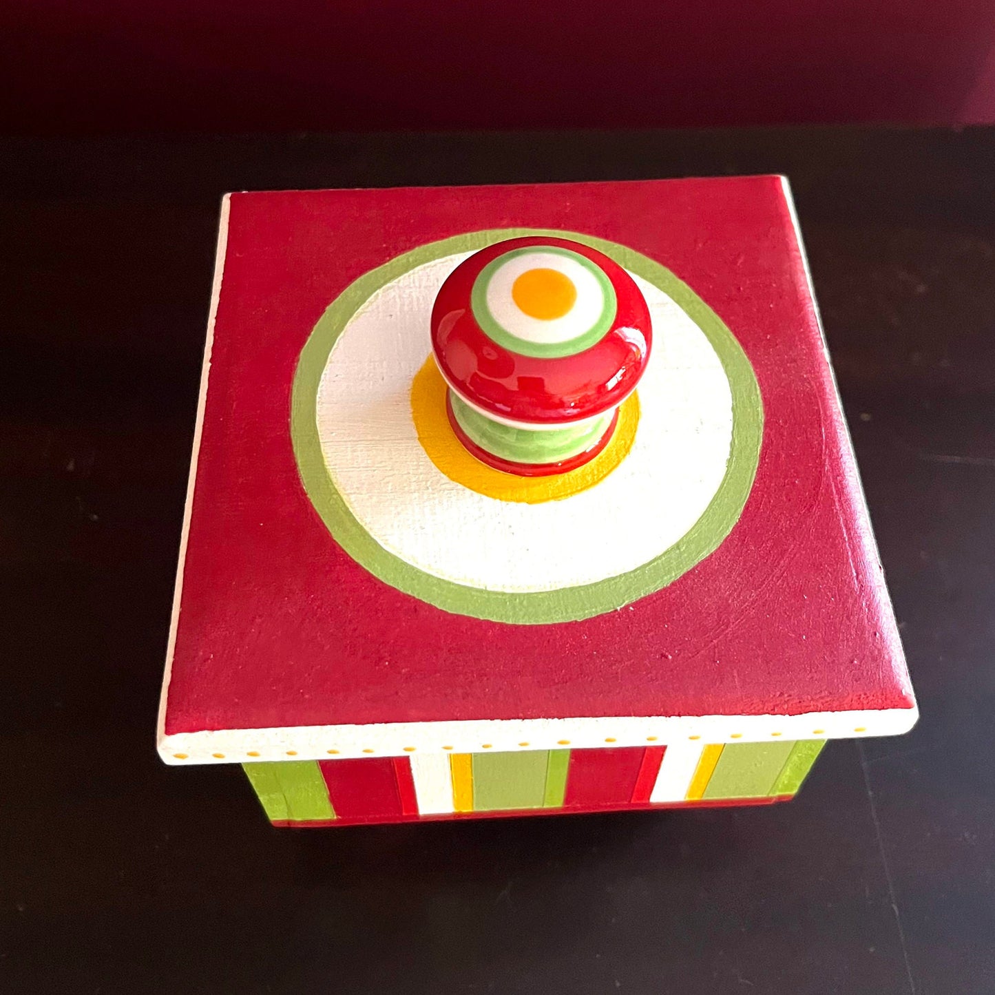 Calypso decorative handmade wooden box showing top of the box.