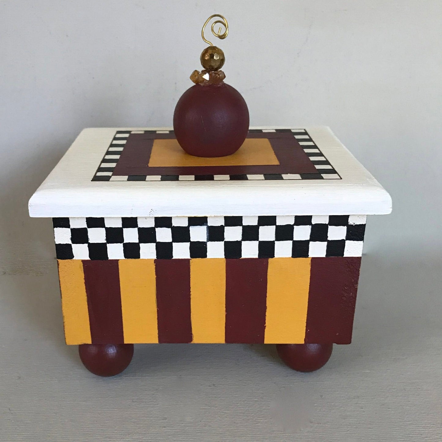 Rooster decorative handmade wooden box with stripe & checkered details.