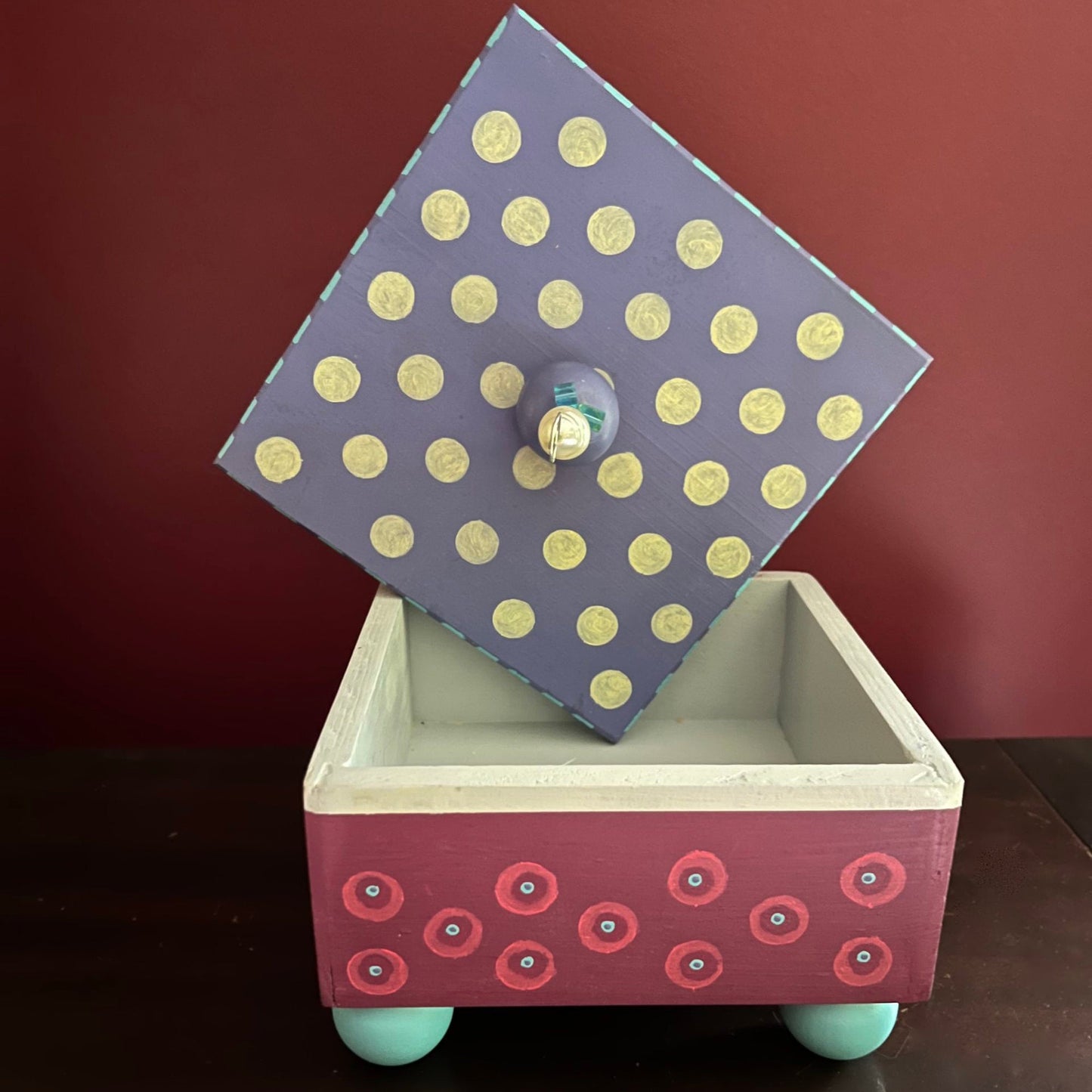 Pam decorative handmade wooden box showing lid and interior.