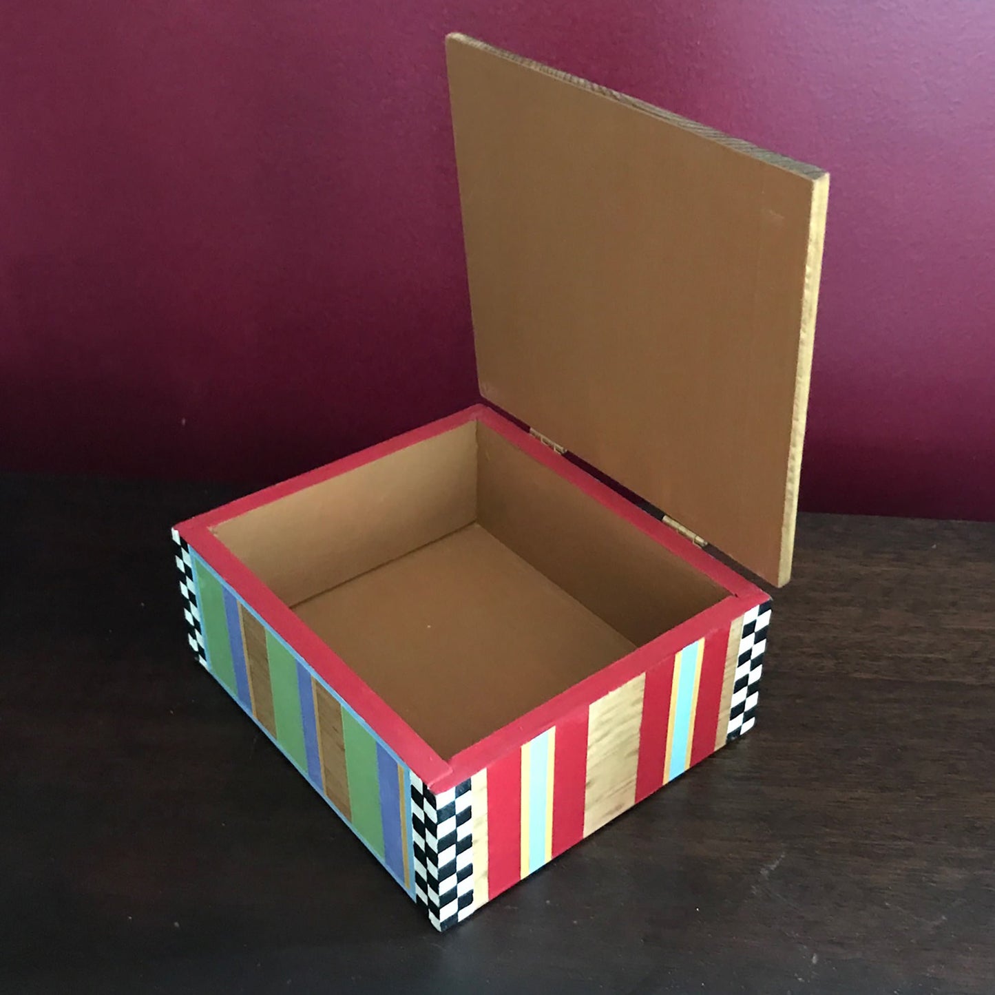 Piccadily decorative handmade wooden box with lid open, showing interior.