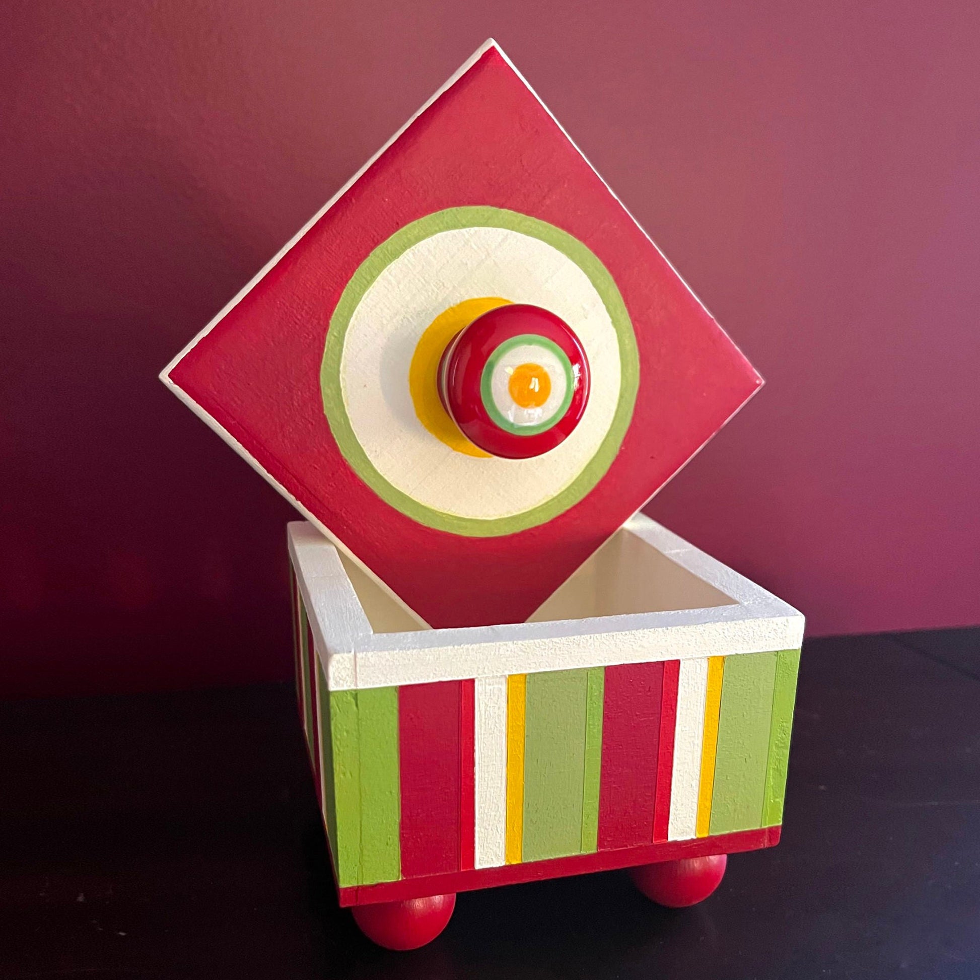 Calypso decorative handmade wooden box showing lid and interior.