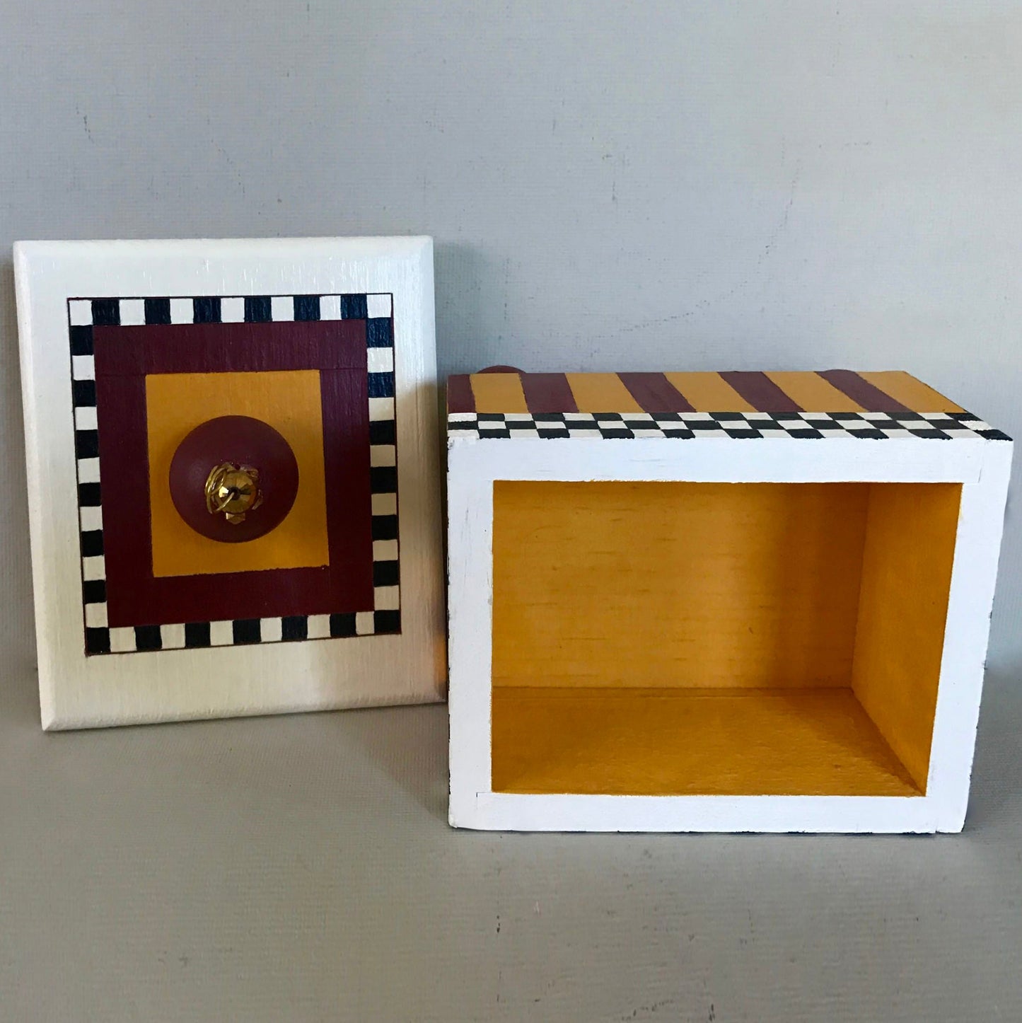 Rooster decorative handmade wooden box showing interior and lid.