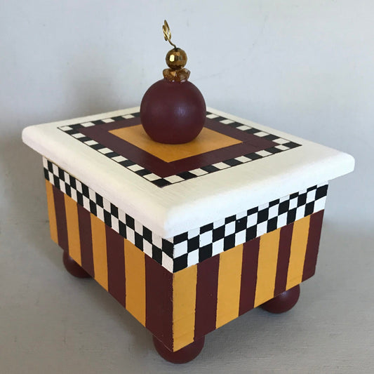 Rooster decorative handmade wooden box with stripe & checkered details.