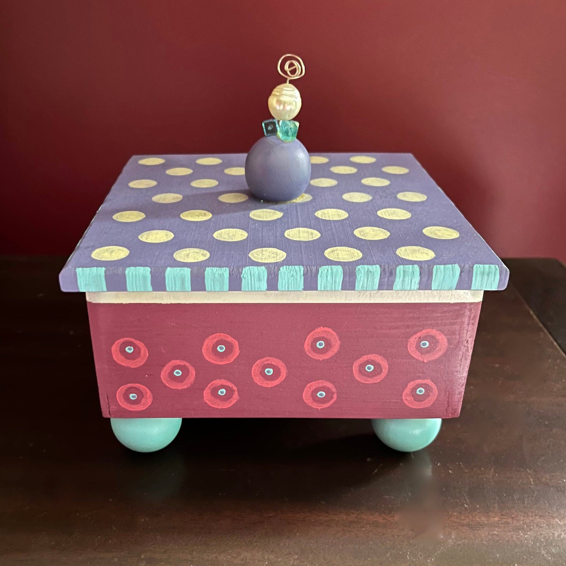 Pam decorative handmade wooden box with polka dot details.